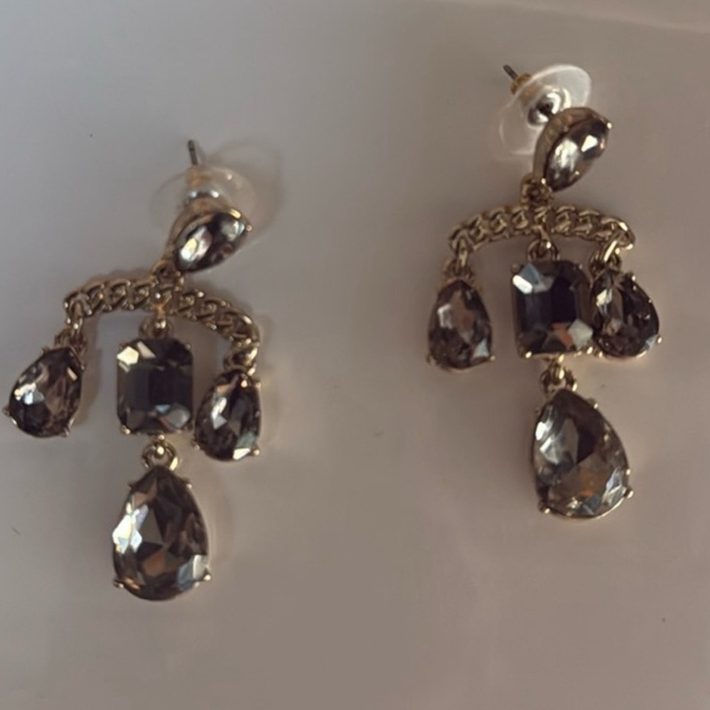 GIVENCHY Gold Smoke Gray Crystal Chandelier Earrings NWOT Pierced w/ COA